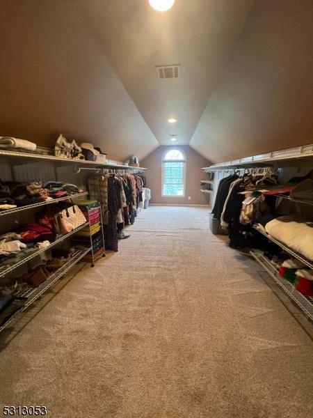 walk in closet with light carpet and vaulted ceiling