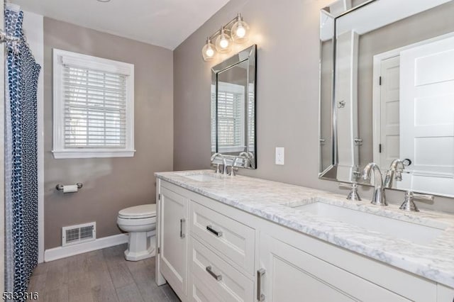 bathroom featuring vanity, toilet, and hardwood / wood-style floors