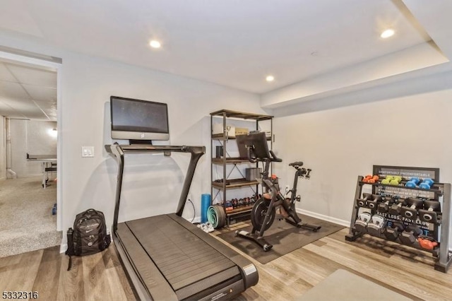 workout area featuring hardwood / wood-style floors