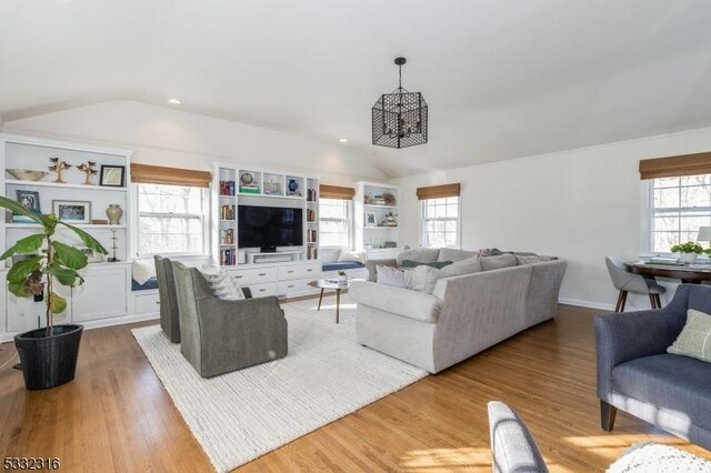 living room featuring vaulted ceiling and hardwood / wood-style floors