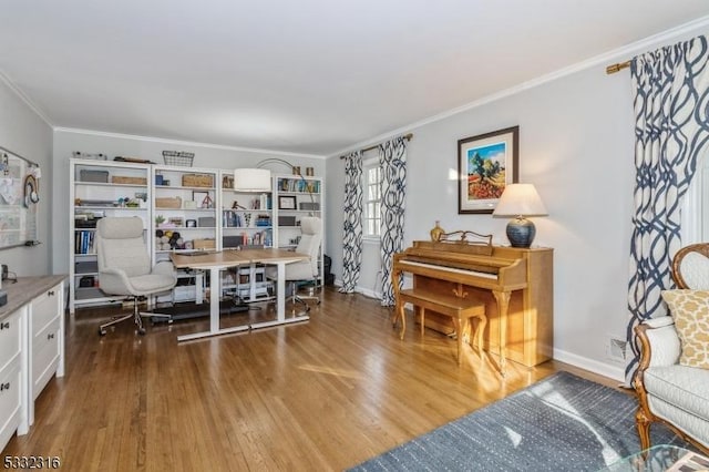 office space featuring hardwood / wood-style flooring and ornamental molding