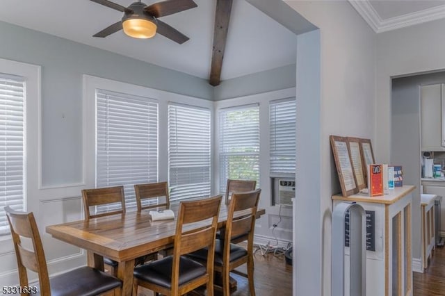 dining room featuring beamed ceiling, dark hardwood / wood-style floors, and ceiling fan