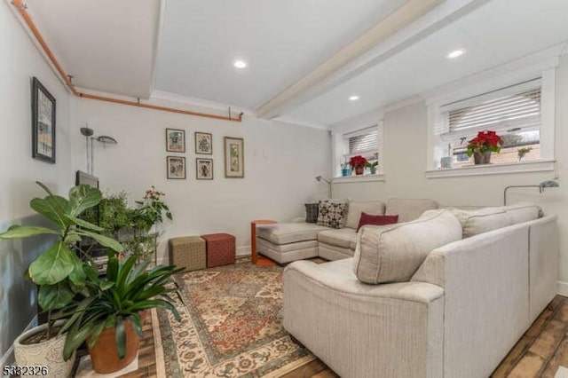 living room with beamed ceiling and dark hardwood / wood-style flooring