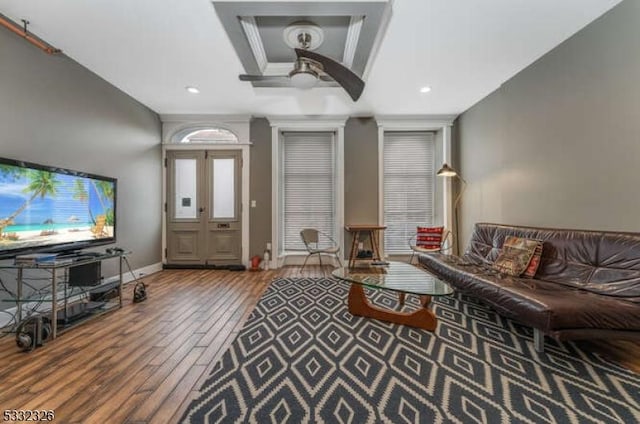 living room with french doors, ceiling fan, and wood-type flooring