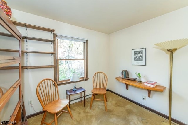 sitting room with light colored carpet and baseboard heating