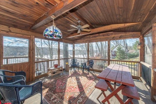 sunroom featuring ceiling fan, wood ceiling, and vaulted ceiling with beams