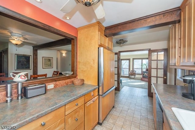 kitchen with dishwasher, dark stone counters, french doors, ceiling fan, and fridge