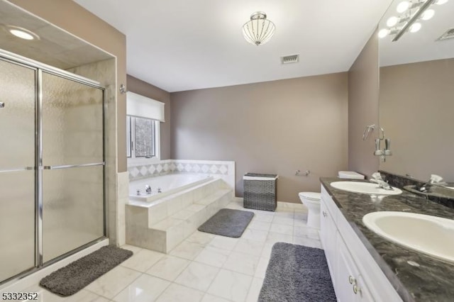 full bathroom with toilet, plus walk in shower, tile patterned floors, and vanity