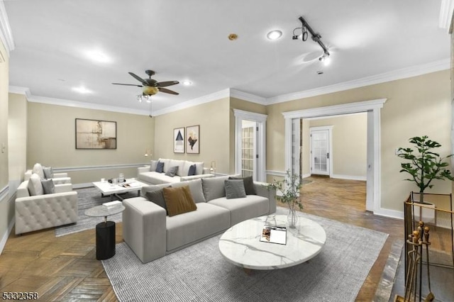 living room with ceiling fan, dark parquet flooring, and crown molding