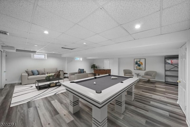 rec room featuring a paneled ceiling, pool table, and hardwood / wood-style flooring