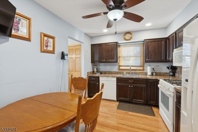 kitchen featuring sink, white appliances, ceiling fan, light hardwood / wood-style flooring, and dark brown cabinetry