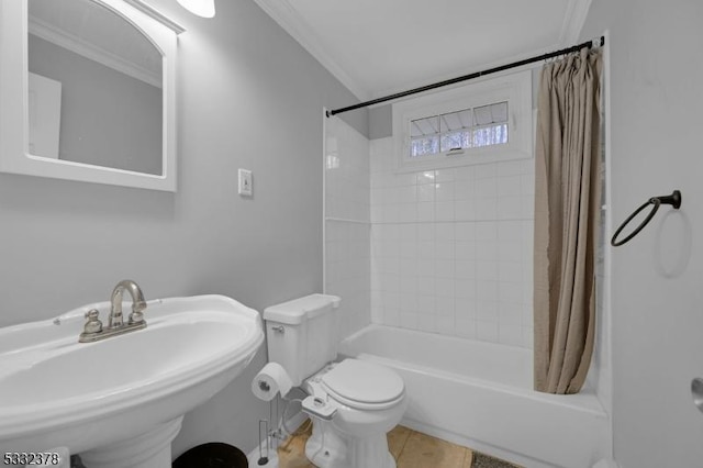 full bathroom with sink, shower / bath combination with curtain, crown molding, and toilet