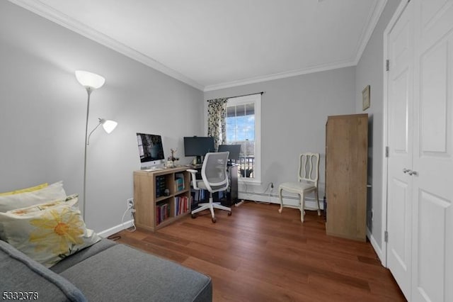 home office featuring baseboard heating, crown molding, and dark hardwood / wood-style floors