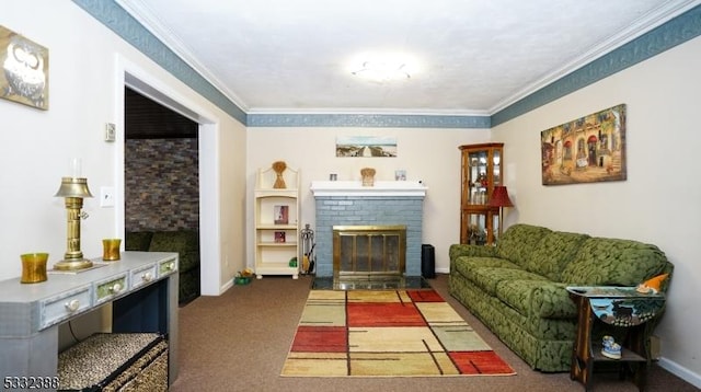 living room featuring dark carpet, crown molding, and a fireplace