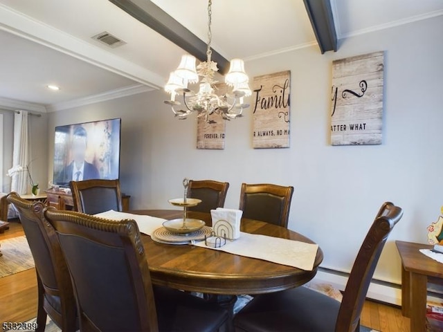 dining area featuring wood-type flooring, an inviting chandelier, ornamental molding, and beam ceiling