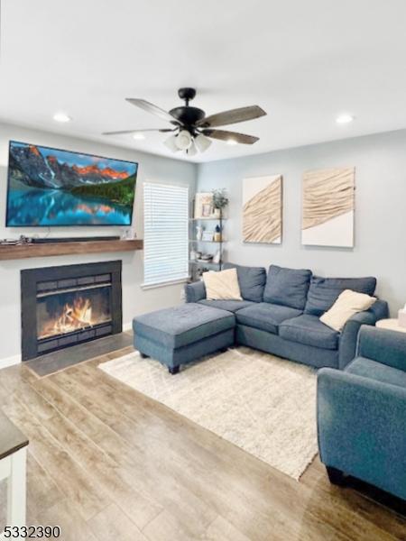 living room featuring ceiling fan and wood-type flooring