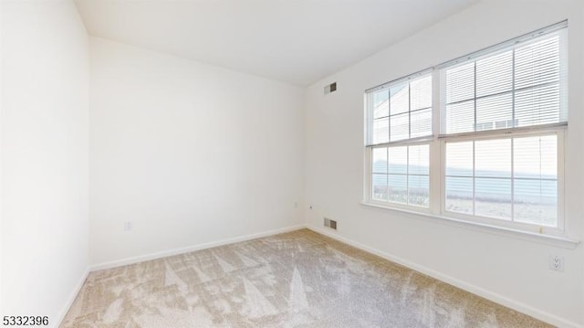 unfurnished room featuring a water view, a wealth of natural light, and light colored carpet