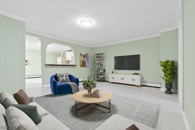 tiled living room featuring crown molding and a baseboard radiator