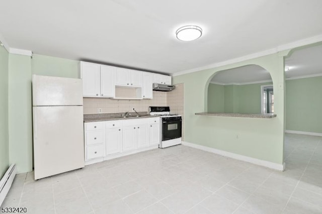 kitchen with range with gas cooktop, decorative backsplash, baseboard heating, white cabinetry, and white refrigerator