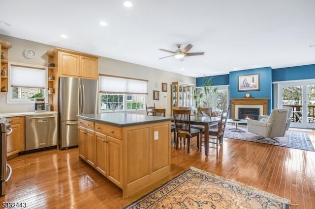 kitchen featuring ceiling fan, light hardwood / wood-style flooring, stainless steel appliances, and a kitchen island