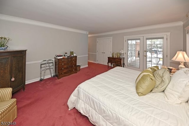 carpeted bedroom featuring access to exterior, french doors, and ornamental molding