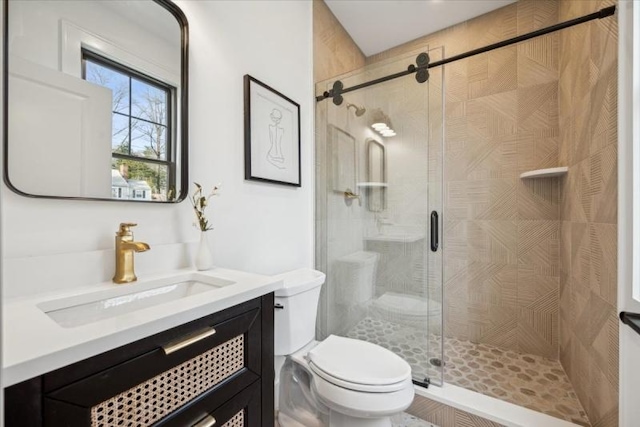 bathroom with vanity, an enclosed shower, and toilet