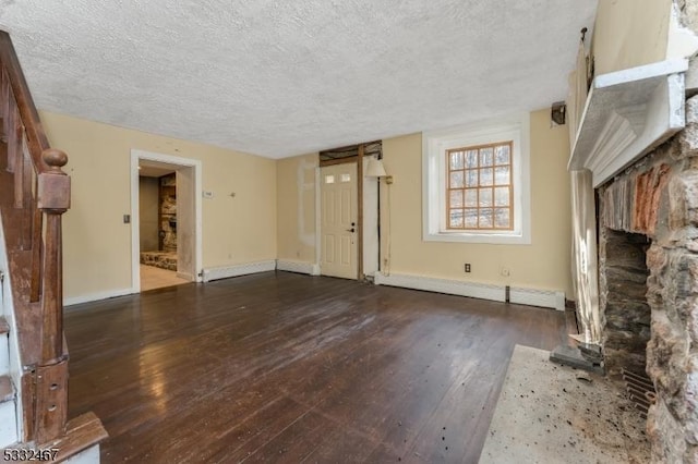 unfurnished living room featuring a textured ceiling, a baseboard radiator, and dark hardwood / wood-style flooring