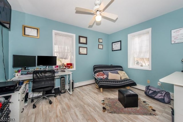 office featuring ceiling fan and light wood-type flooring