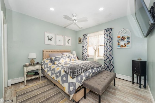 bedroom featuring ceiling fan and light hardwood / wood-style flooring