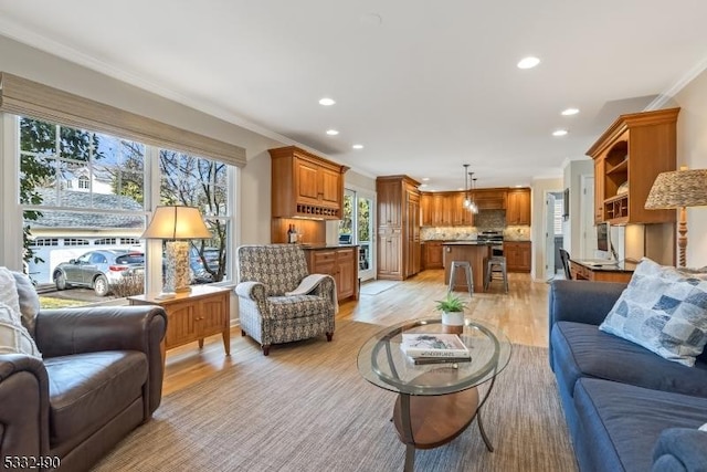 living room featuring ornamental molding and light hardwood / wood-style flooring