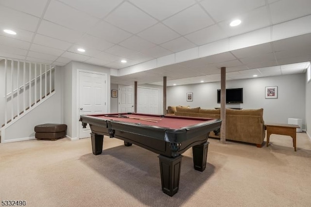 playroom with light carpet, a drop ceiling, and pool table