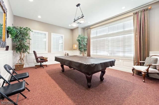 game room featuring billiards and carpet