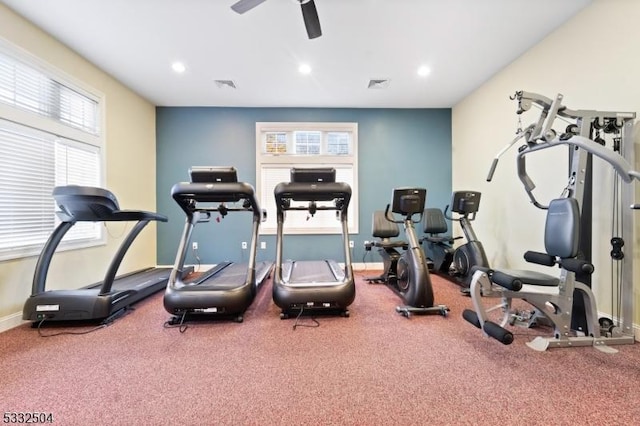 workout room featuring ceiling fan