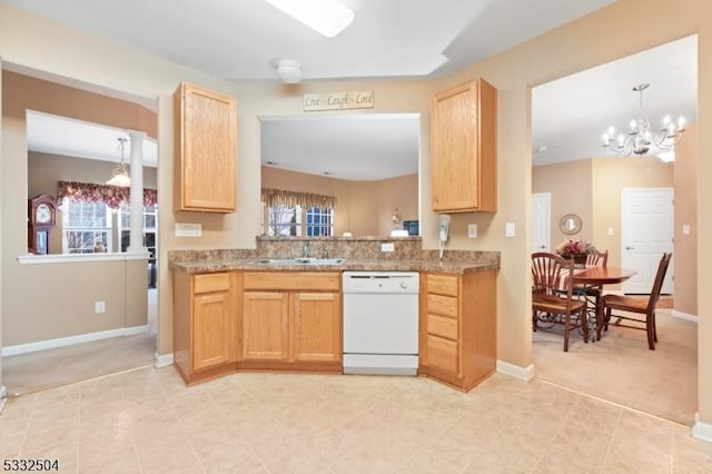 kitchen with white dishwasher, light brown cabinetry, light colored carpet, and a chandelier