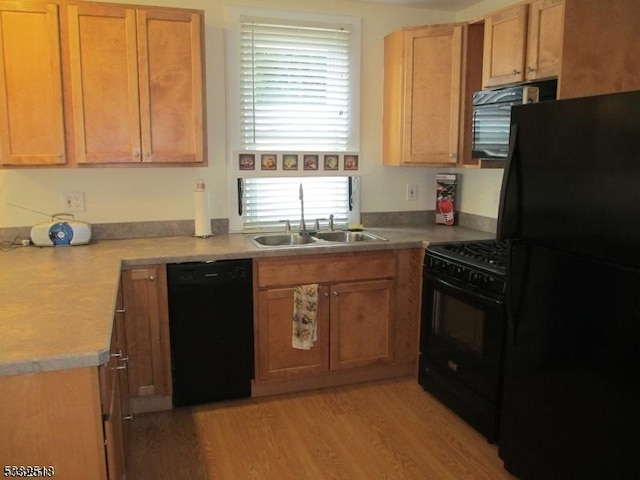 kitchen featuring black appliances, light hardwood / wood-style floors, and sink