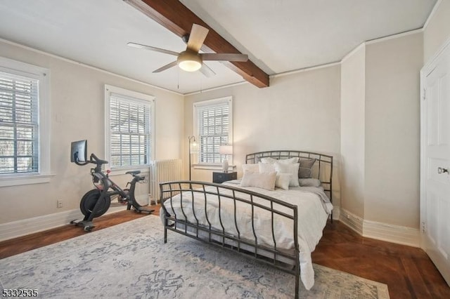 bedroom featuring ceiling fan, dark wood-type flooring, and beamed ceiling