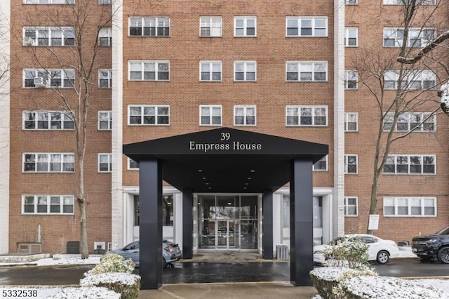 view of snow covered building