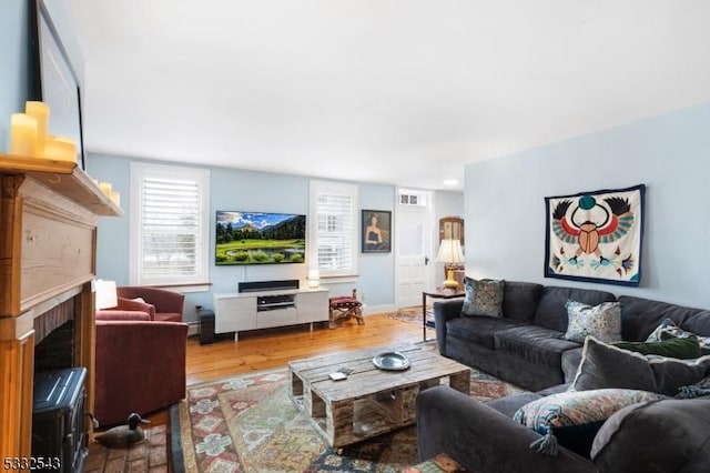 living room with hardwood / wood-style flooring and a baseboard heating unit