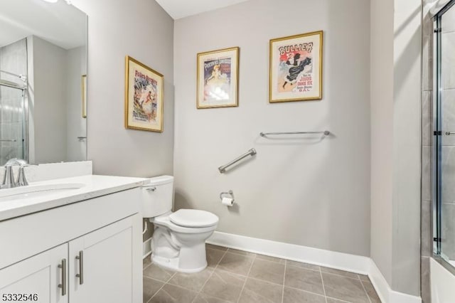 full bathroom with toilet, vanity, shower / bath combination with glass door, and tile patterned flooring