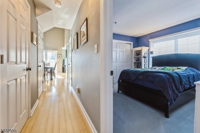 bedroom featuring a closet, vaulted ceiling, and hardwood / wood-style floors