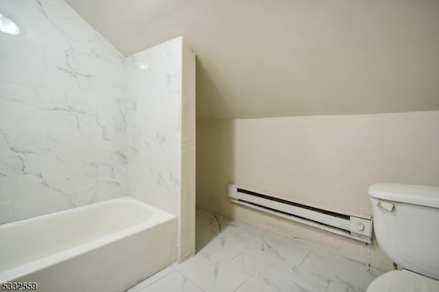 bathroom featuring tiled shower / bath combo, a baseboard radiator, vaulted ceiling, and toilet