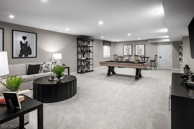 living room with light colored carpet and billiards