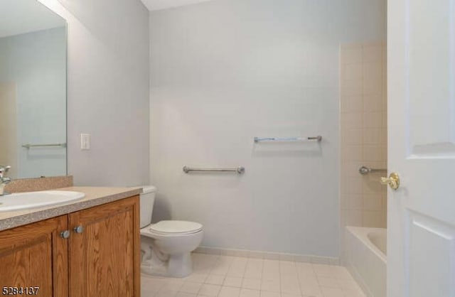 full bathroom with toilet, separate shower and tub, and vanity