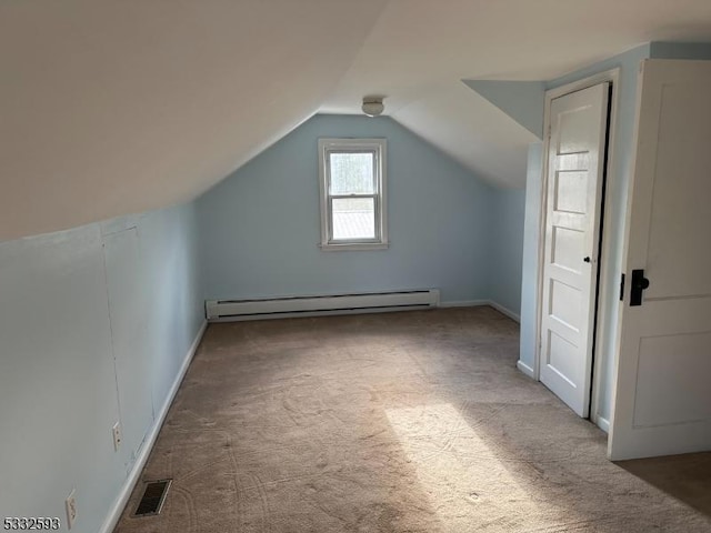 bonus room featuring carpet floors, a baseboard radiator, and lofted ceiling