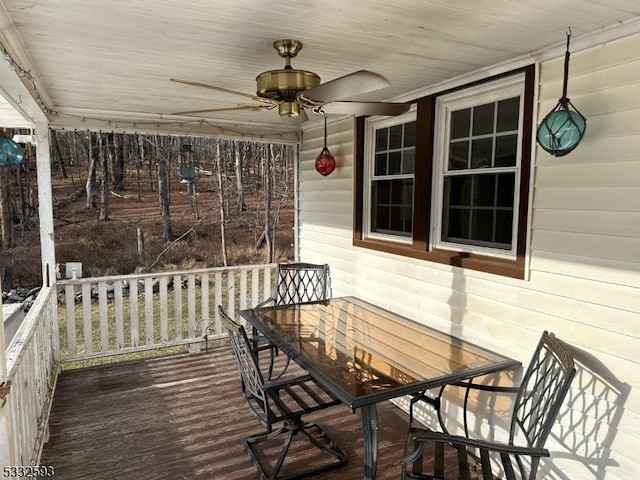 wooden deck with ceiling fan and covered porch