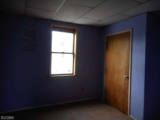 spare room featuring carpet and a paneled ceiling