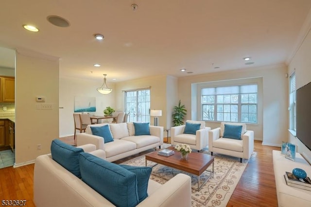 living room with light hardwood / wood-style flooring and crown molding