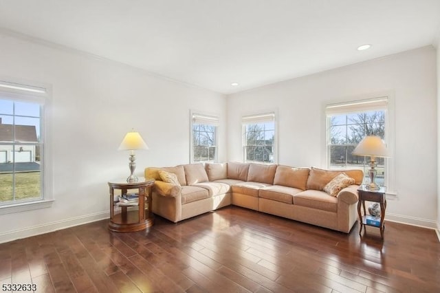 living room with plenty of natural light and dark hardwood / wood-style flooring