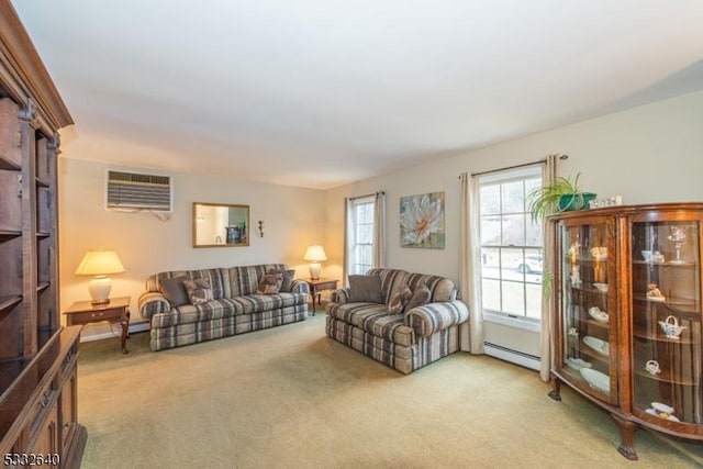 carpeted living room featuring an AC wall unit and baseboard heating