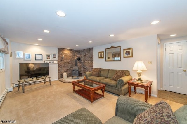 carpeted living room featuring a wood stove